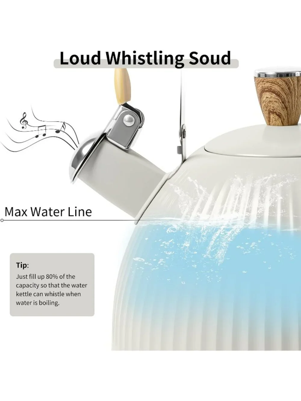 Creamy White Stainless Steel Kitchen Whistling Tea Kettles  2.5 Quart Wood